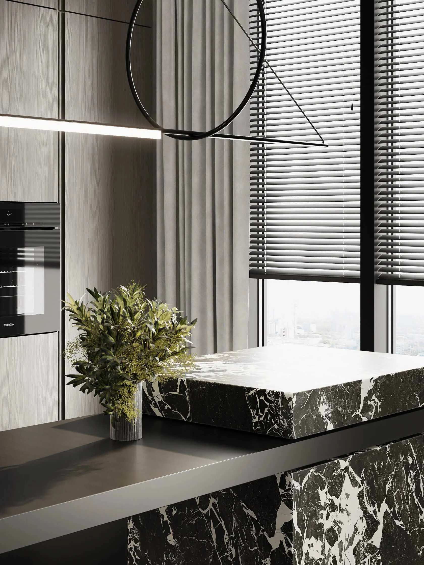 Modern kitchen with black and white marble island and stainless steel appliances, featuring a hanging light fixture and windo