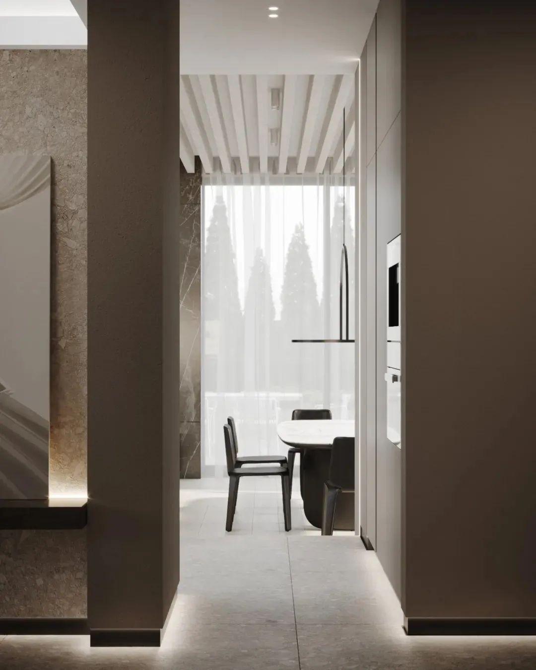 A modern kitchen featuring terrazzo marble with minimalist design elements.