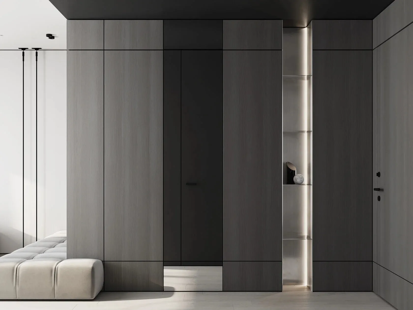 Modern, gray-wood wardrobe interior with minimal lighting and functional design elements.