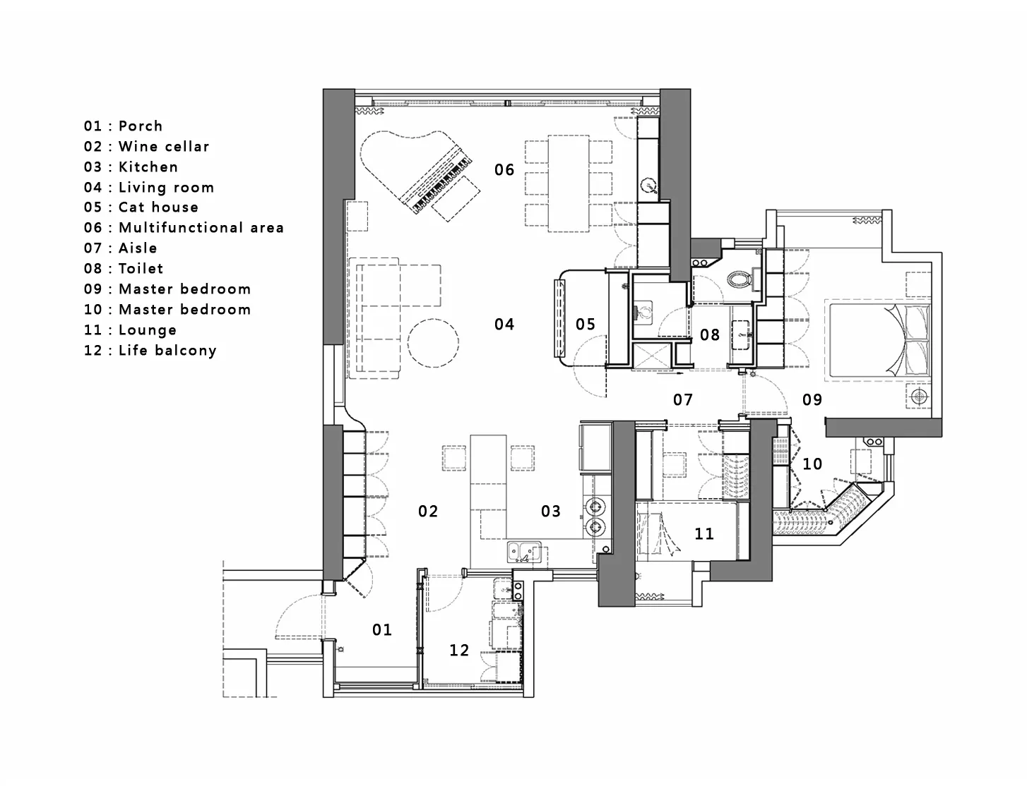 Functional modern apartment living space layout with living room, kitchen, and master bedrooms.