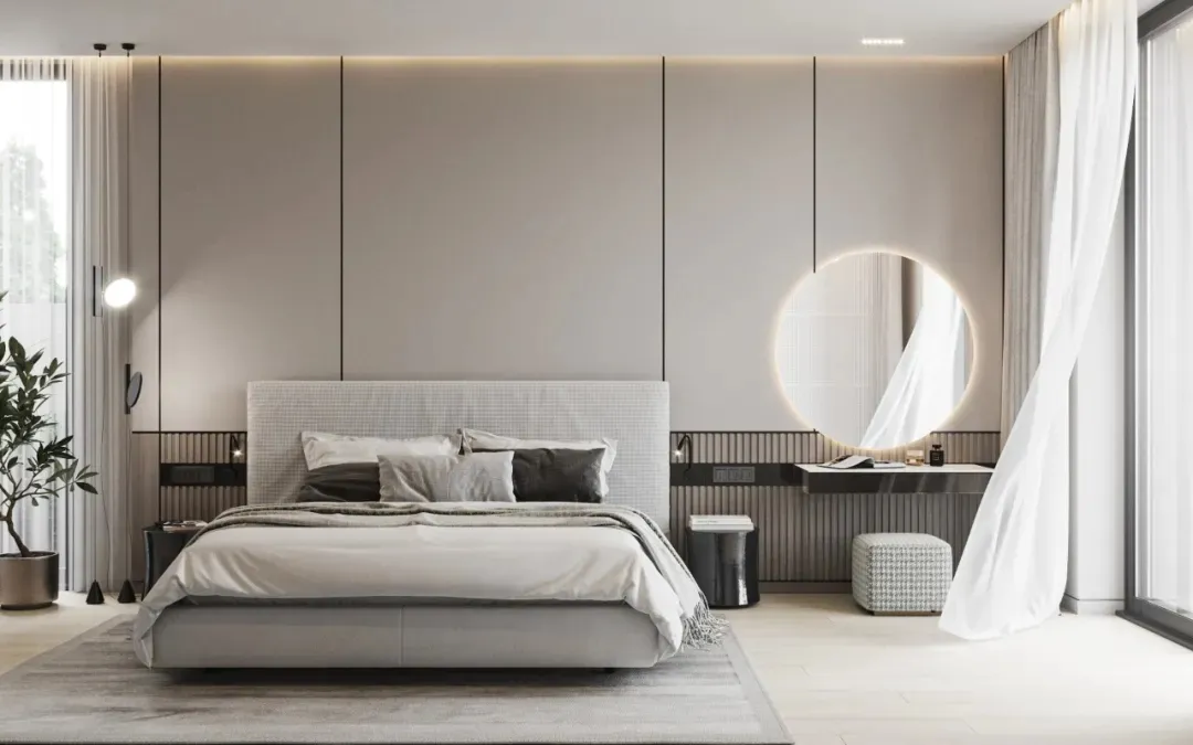 Modern minimalistic bedroom with contemporary furniture, fabric bedding, wooden floor, and glass windows.