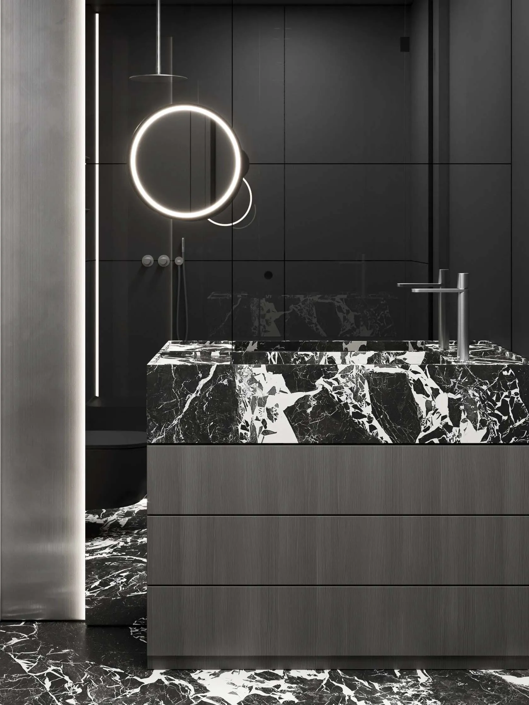Modern minimalist bathroom with dark marble countertop and silver fixtures