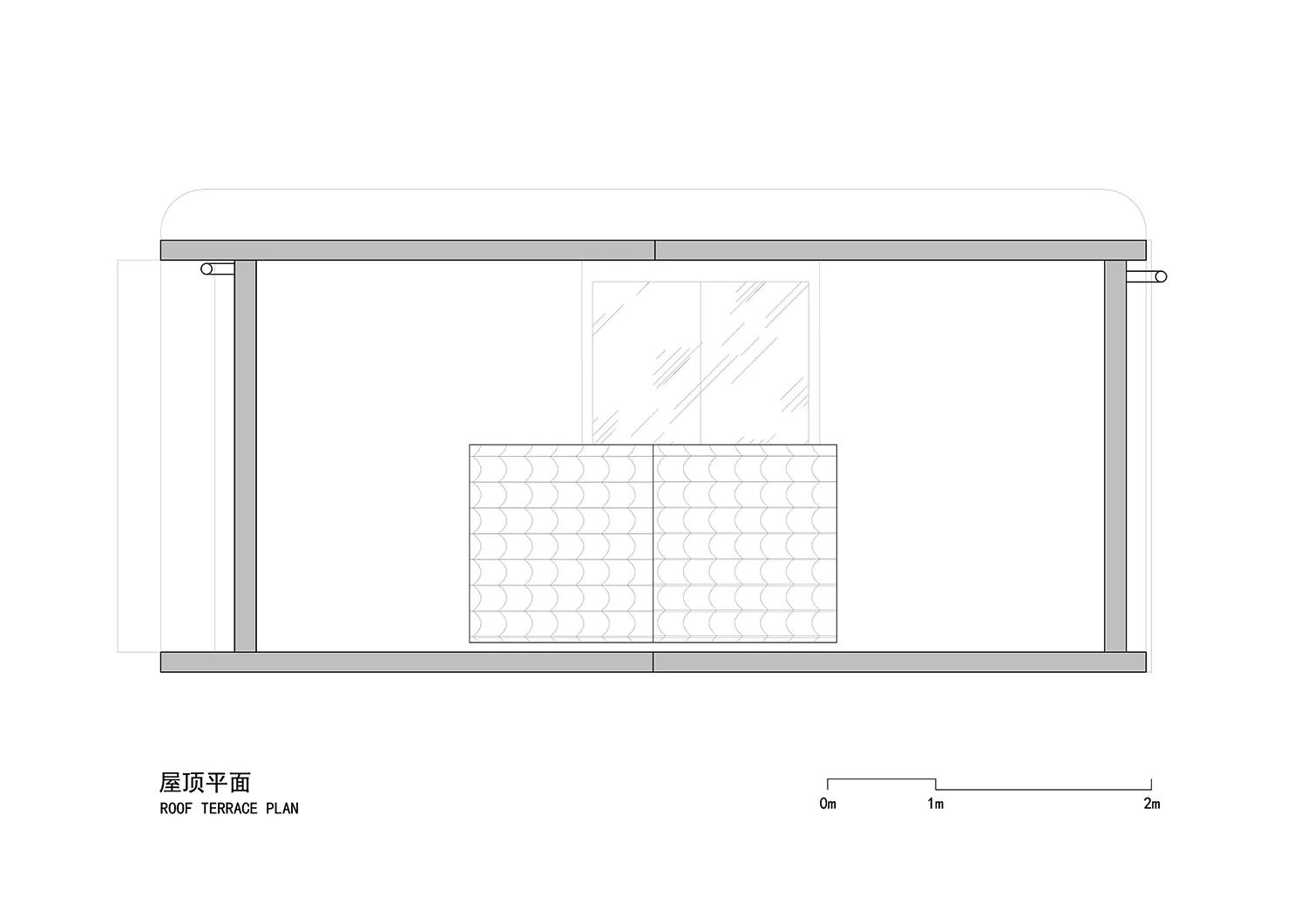 2D architectural drawing of a roof terrace layout featuring brick and glass materials.
