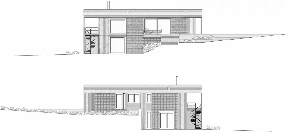 一幅黑白建築圖,描繪一座擁有磚牆外觀的現代住宅。