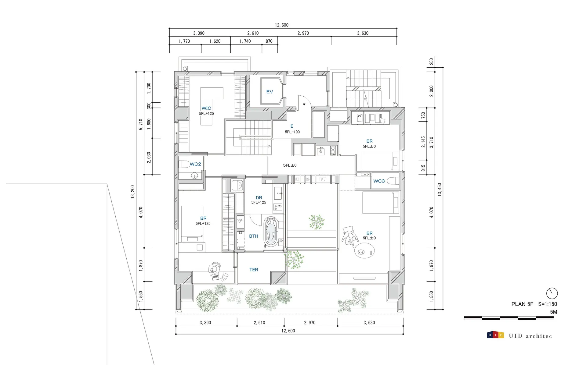 A detailed architectural floor plan of a modern building, depicting various rooms and dimensions.