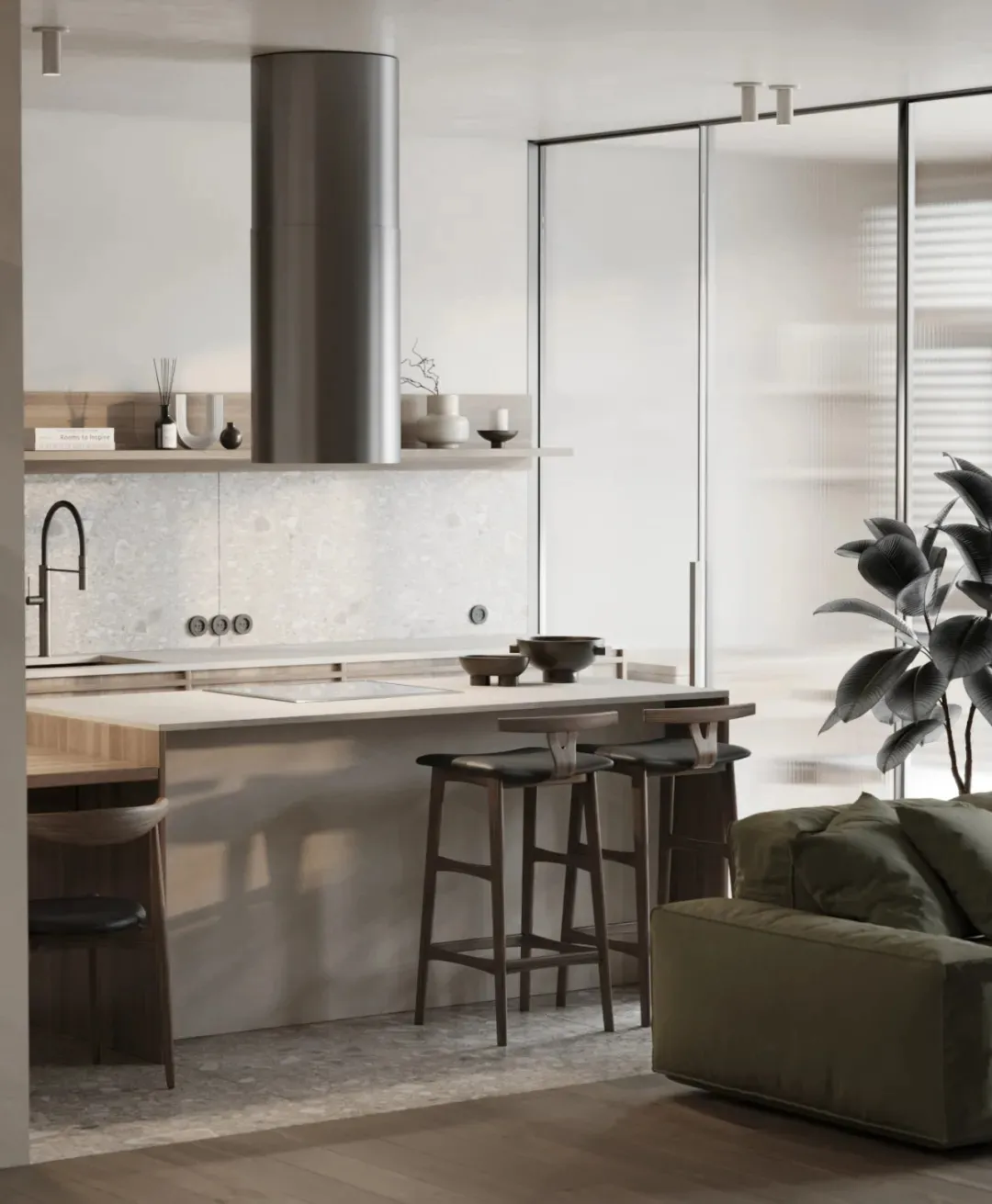 Modern minimalist kitchen with terrazzo flooring, white countertops, and wooden accents.