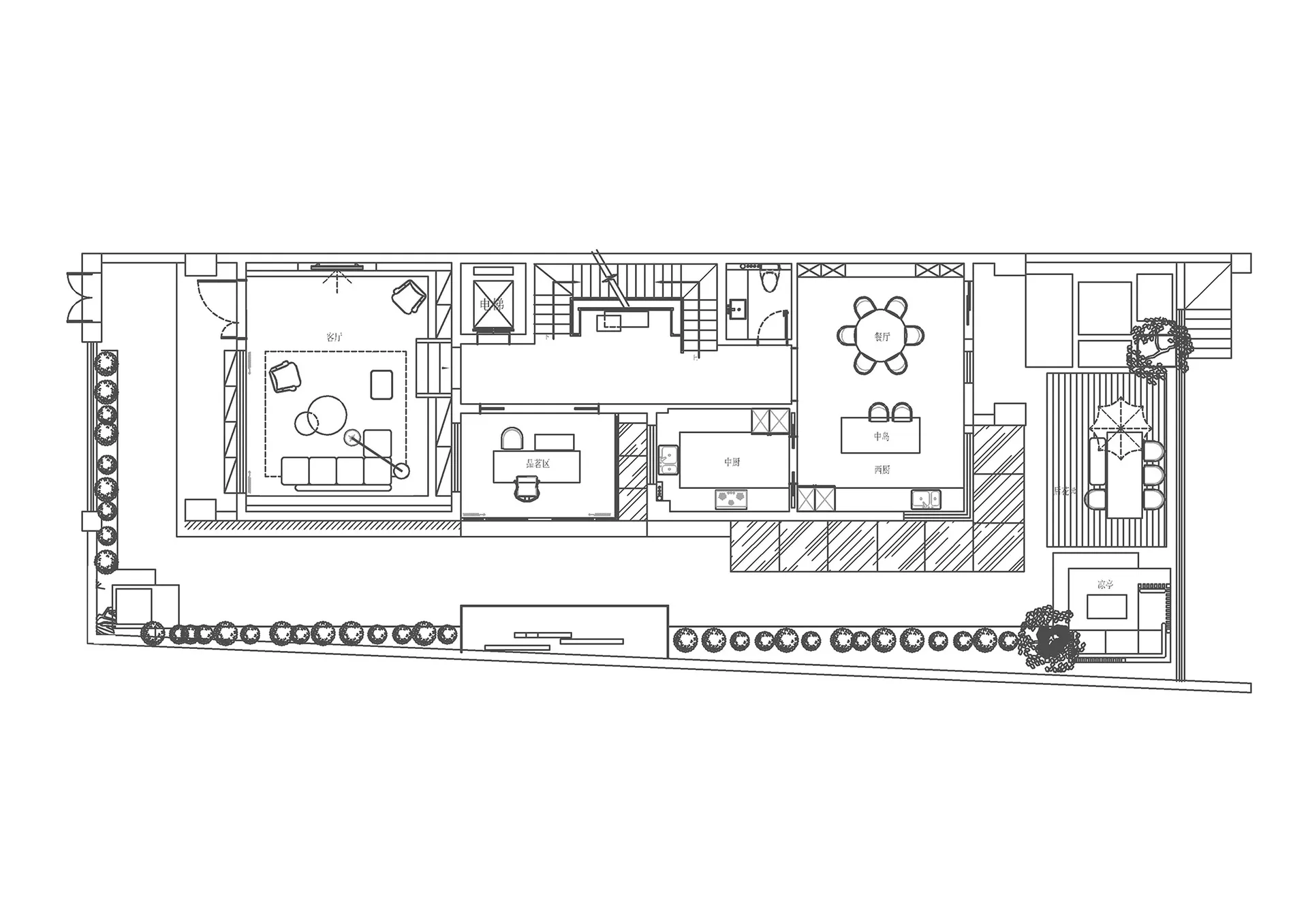 A detailed technical drawing of a residential interior with various functional zones and a garden area.