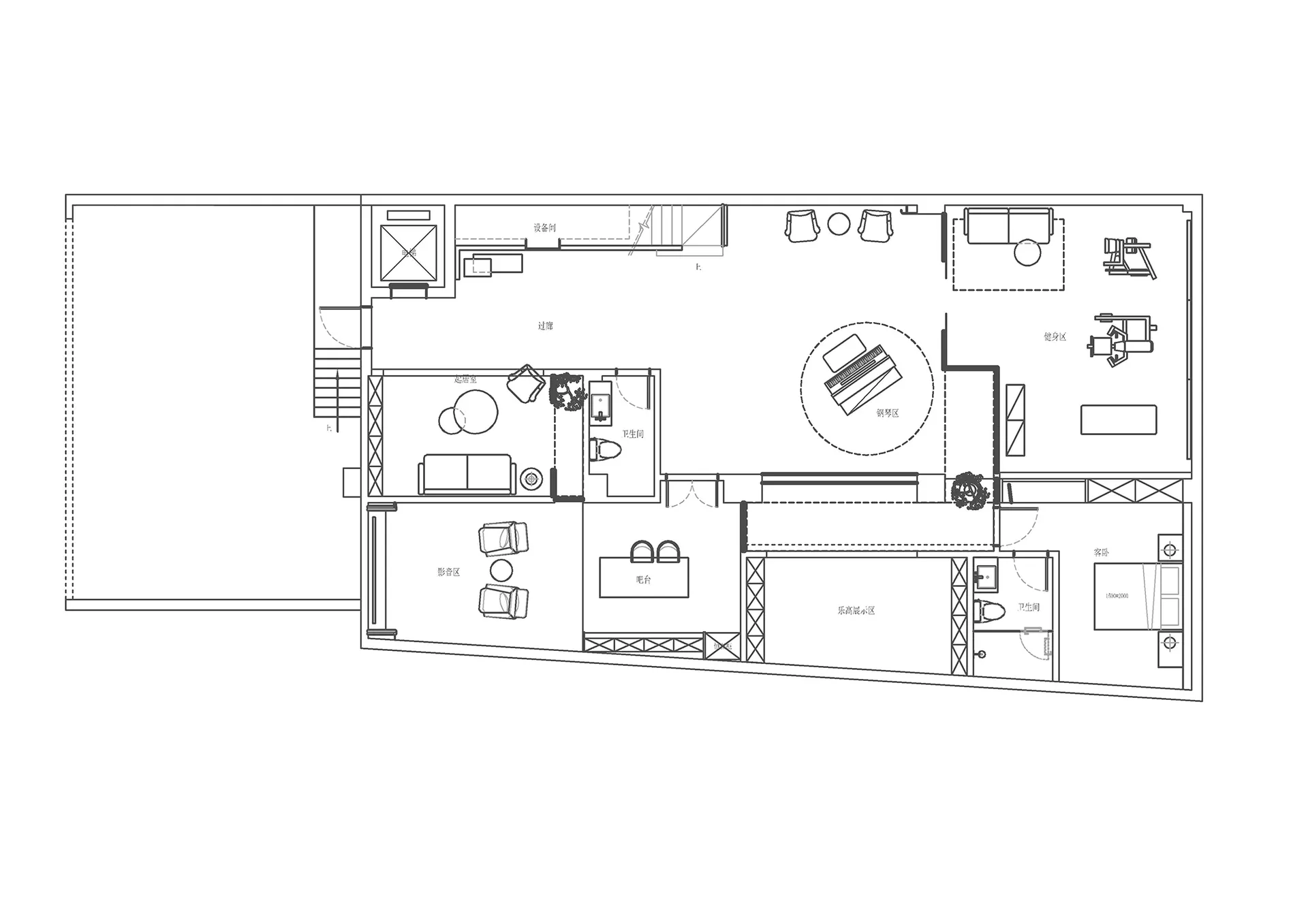 Floor plan of a modern residential living space featuring concrete walls, glass windows, and wood floors.