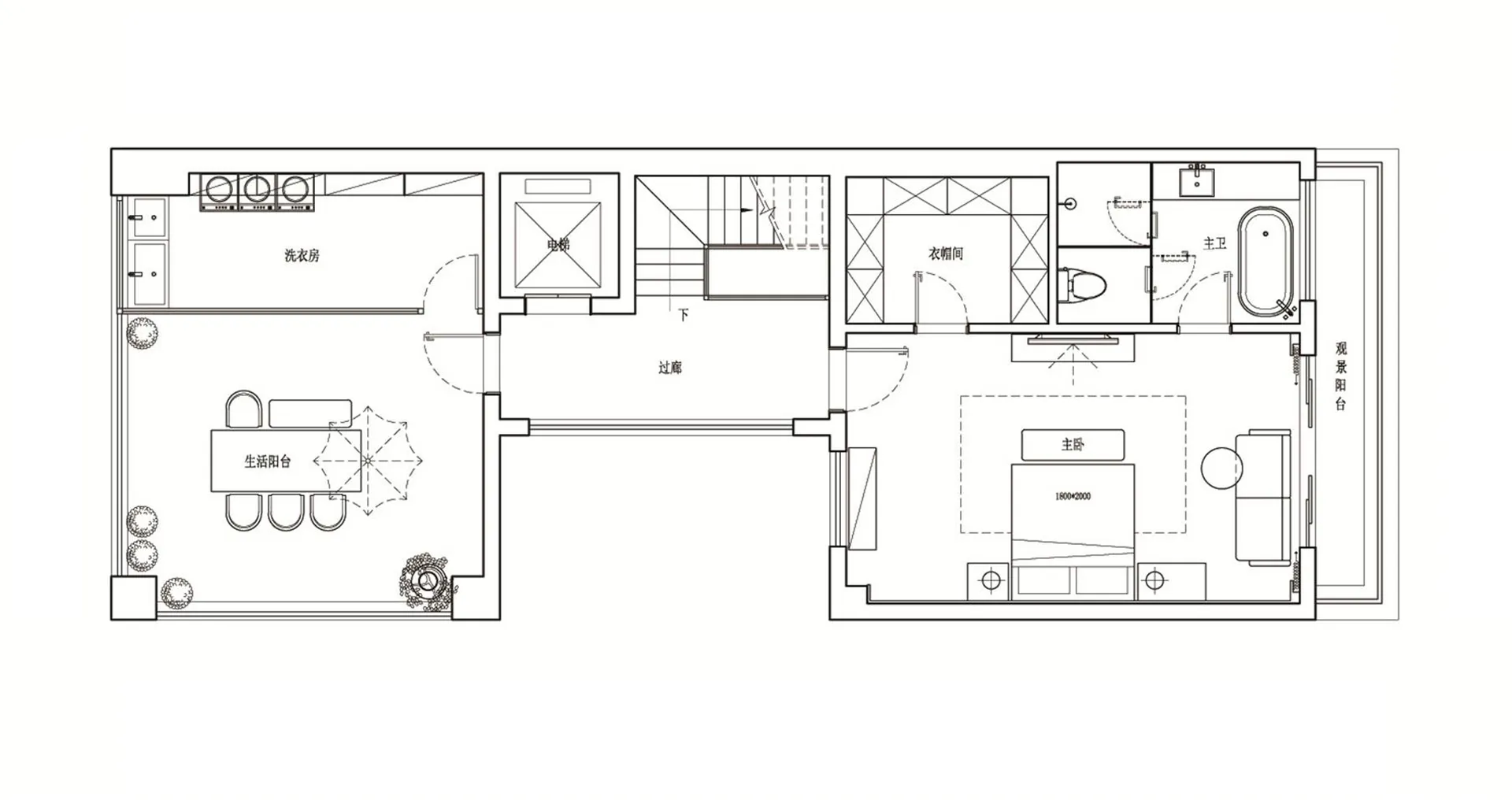 Floor plan showing a modern living space layout with living room, dining area, kitchen, bathroom, and bedroom.