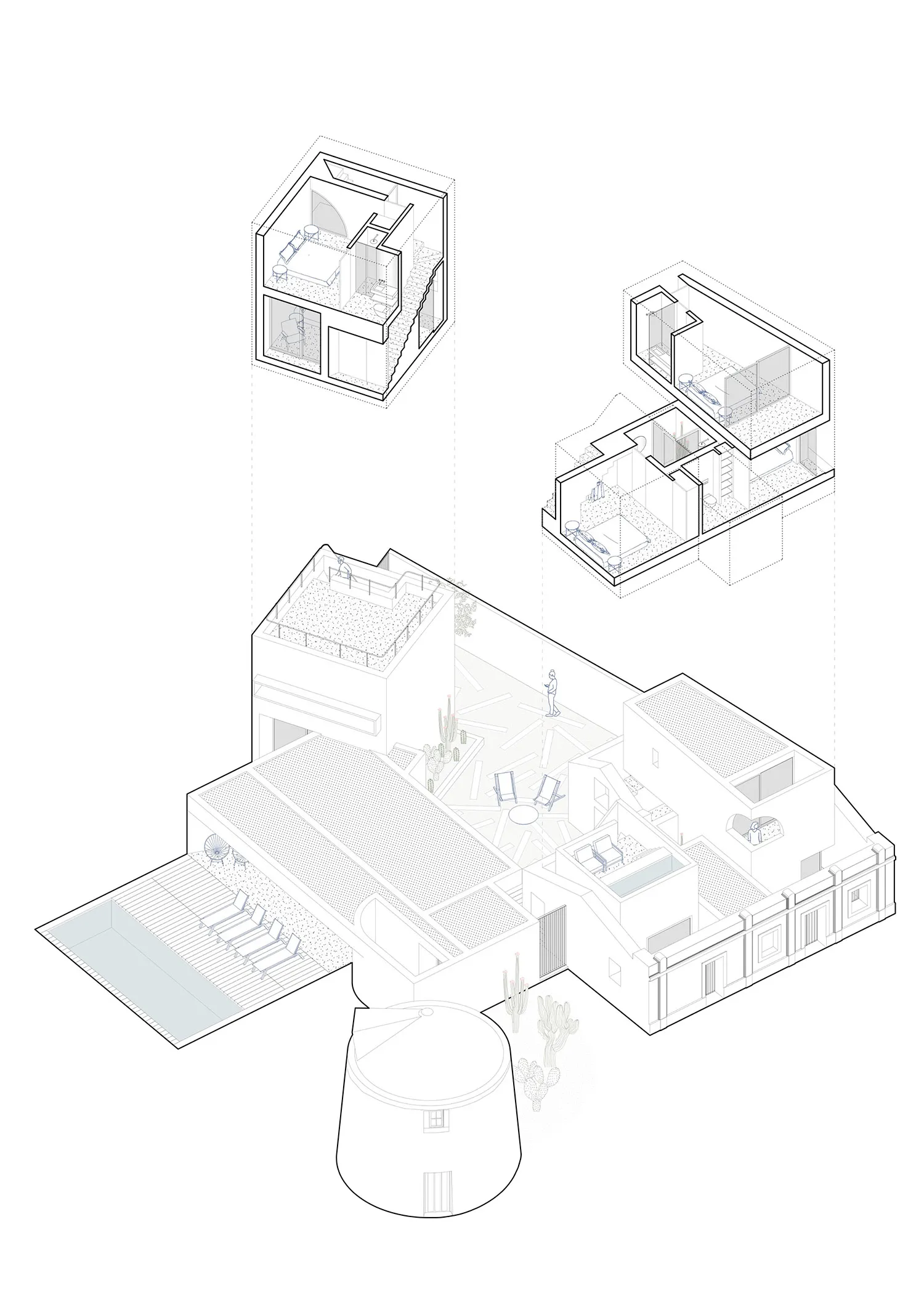 A detailed isometric view of a modern residential building made primarily of concrete, featuring multiple floors and a roofto
