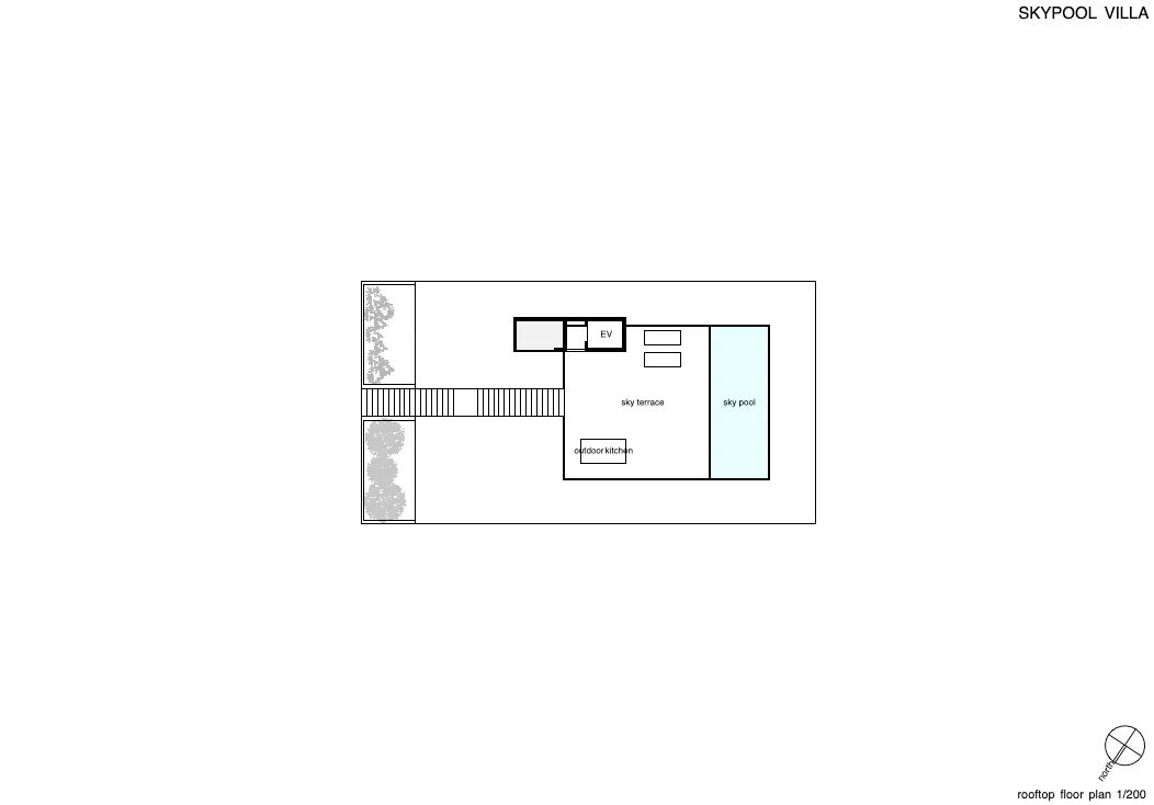 An industrial-style residential rooftop floor plan with a glass exterior and a rooftop kitchen and pool area.