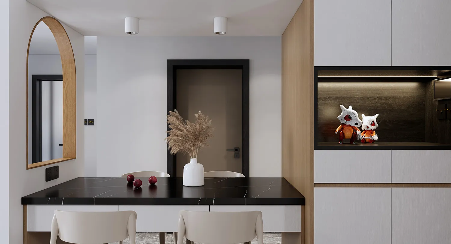 Minimalist kitchen with marble countertops, wooden cabinets, and metallic accents