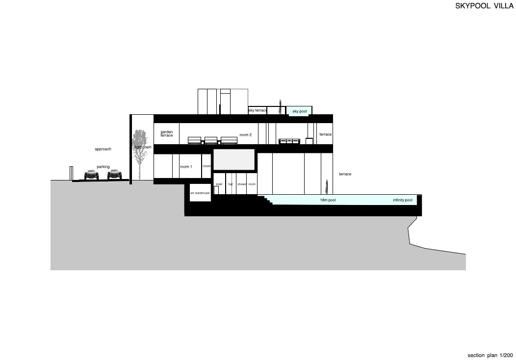 一張現代室內空間的建築圖,展示鋼製窗簾及整體設計配置。