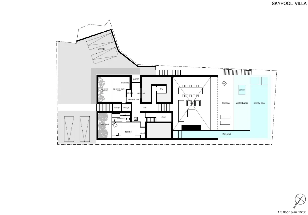 Floor plan of a modern villa with concrete walls and a swimming pool.