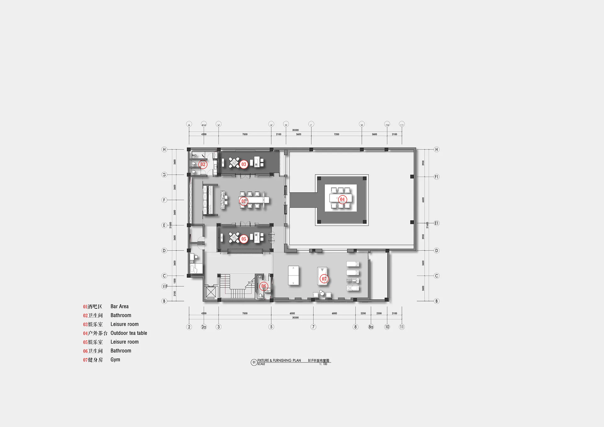 A detailed floor plan of an office space showing various rooms and layouts, including a bar area, restrooms, meeting rooms, a