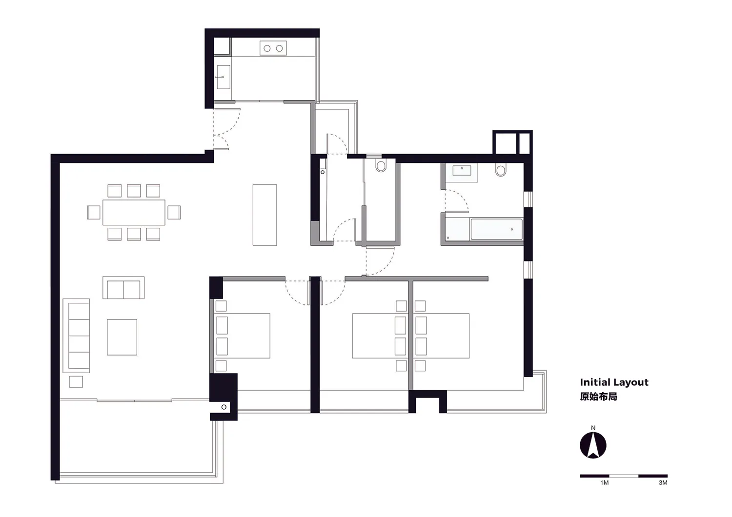 A technical plan of a modern apartment layout