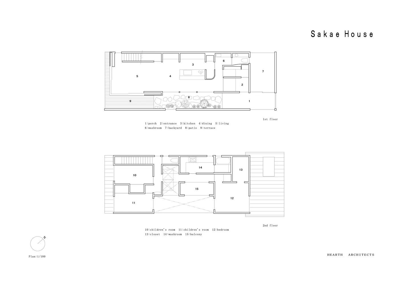 Floor plan of Sakae House, showing the layout of the 1st and 2nd floors.