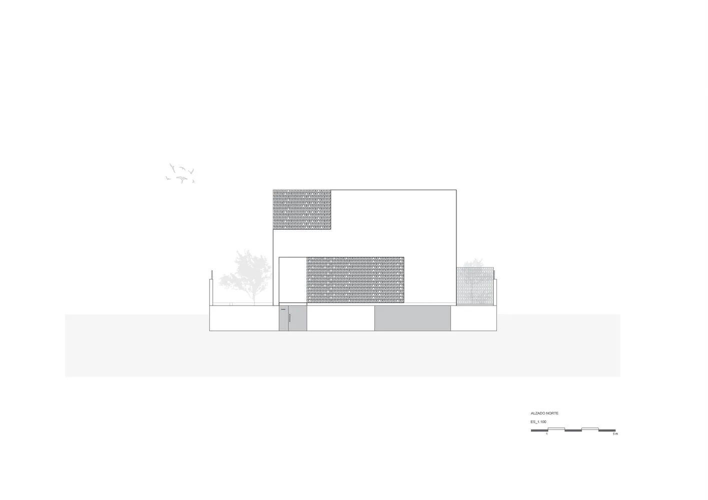 Elevation drawing of a building with concrete walls and metal mesh panels.