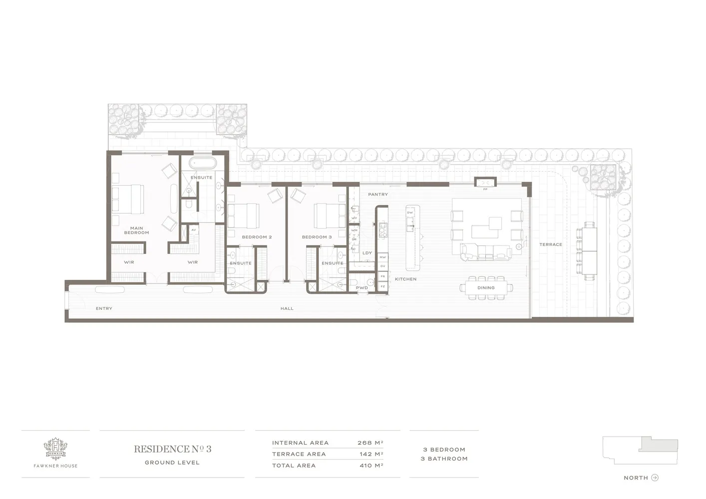 Fawknier House 3 地面層的 2D 建築平面圖。