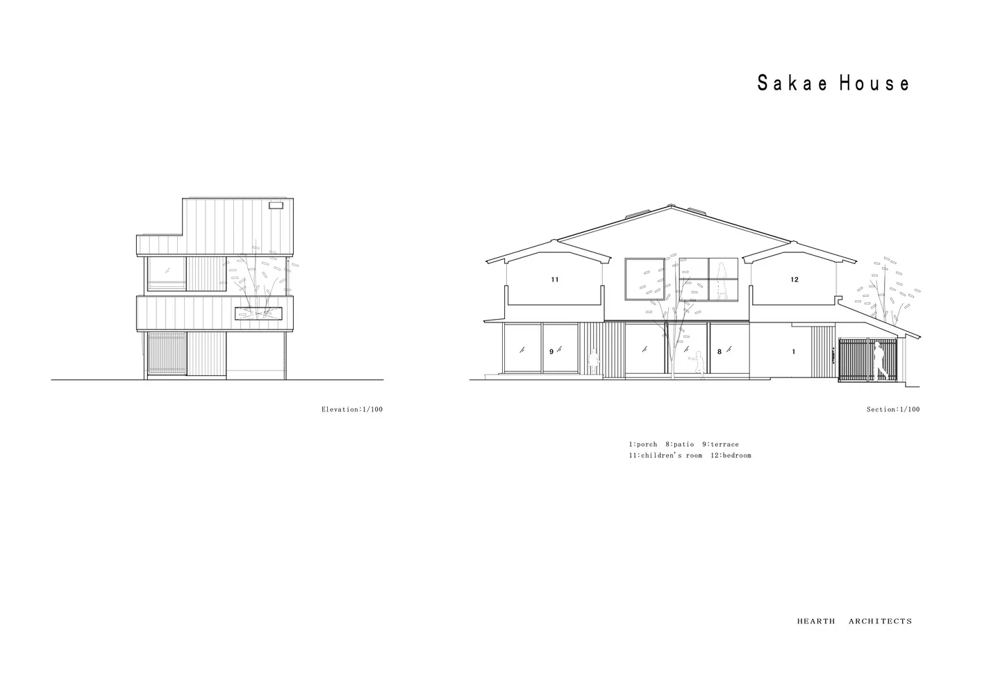 A technical rendering of the Sakae House showing the floor plan with wooden materials used.