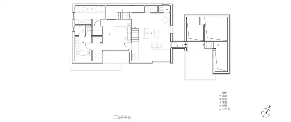 Modern residential floor plan with living, dining, kitchen, bedrooms, bathrooms, and stairs