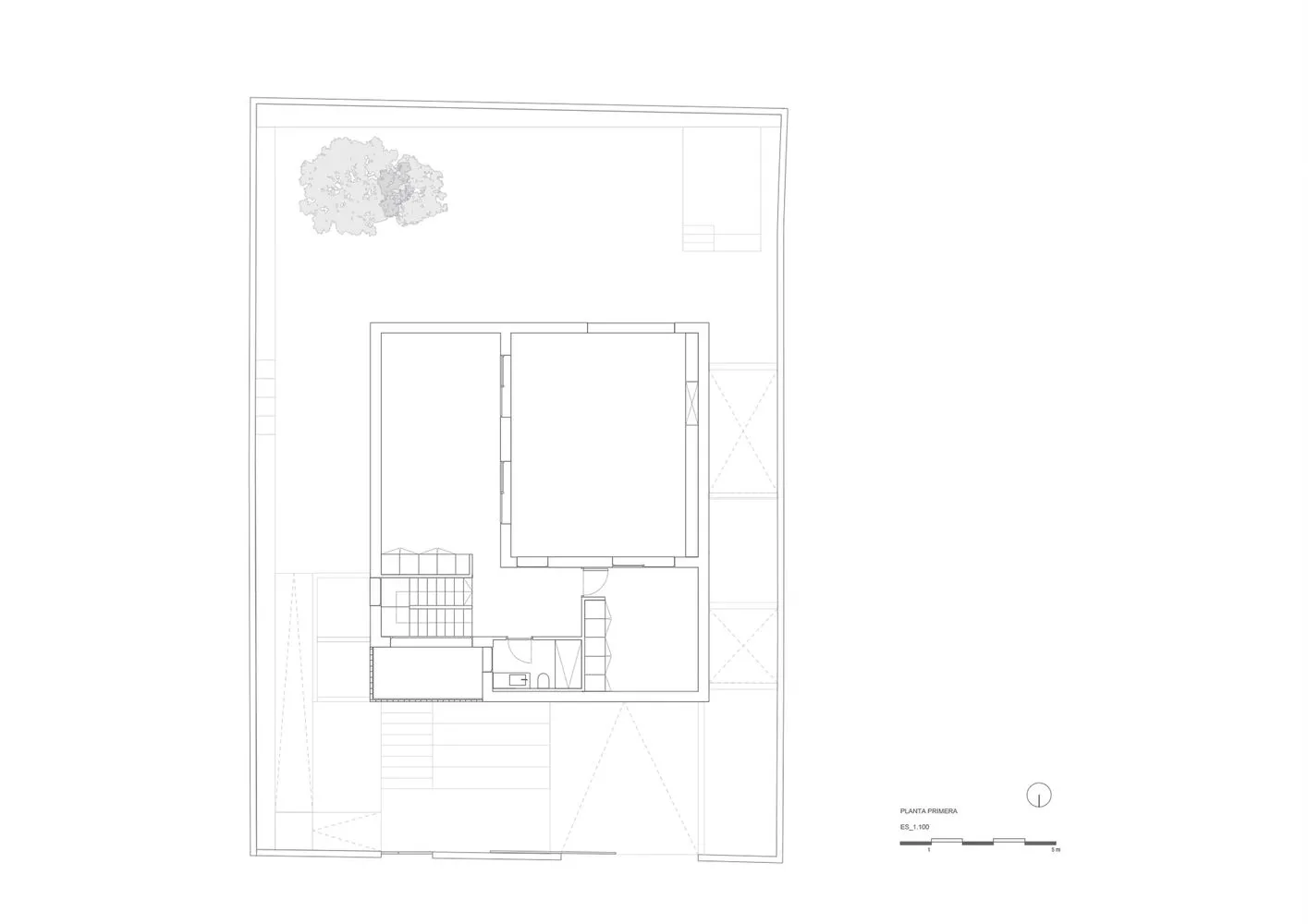 A detailed architectural floor plan of a residential building, featuring layout, rooms, and structural details.