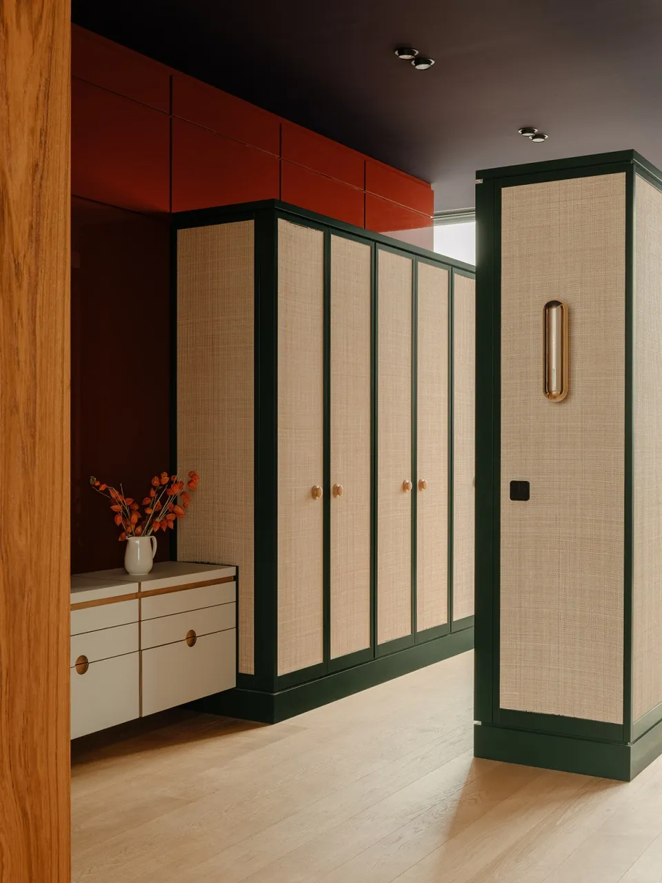 Modern interior design featuring clothing storage with bamboo fiber-board material