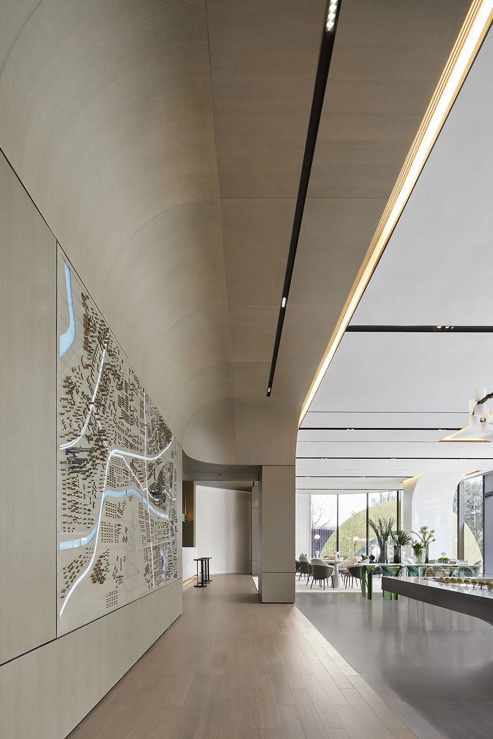 Contemporary office interior with exposed concrete and glass elements