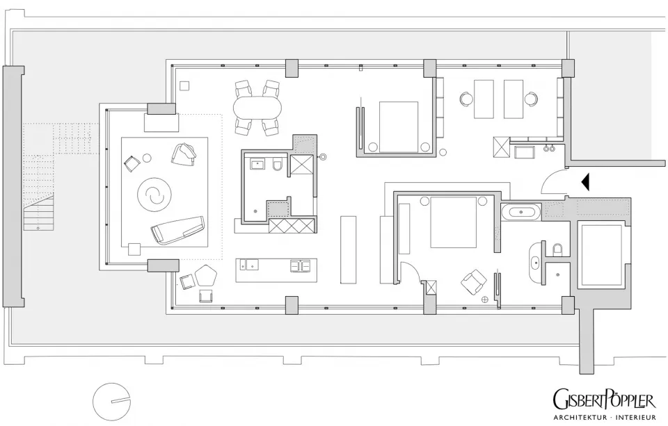 現代住宅公寓的平面圖,展示空間配置與家具擺設。