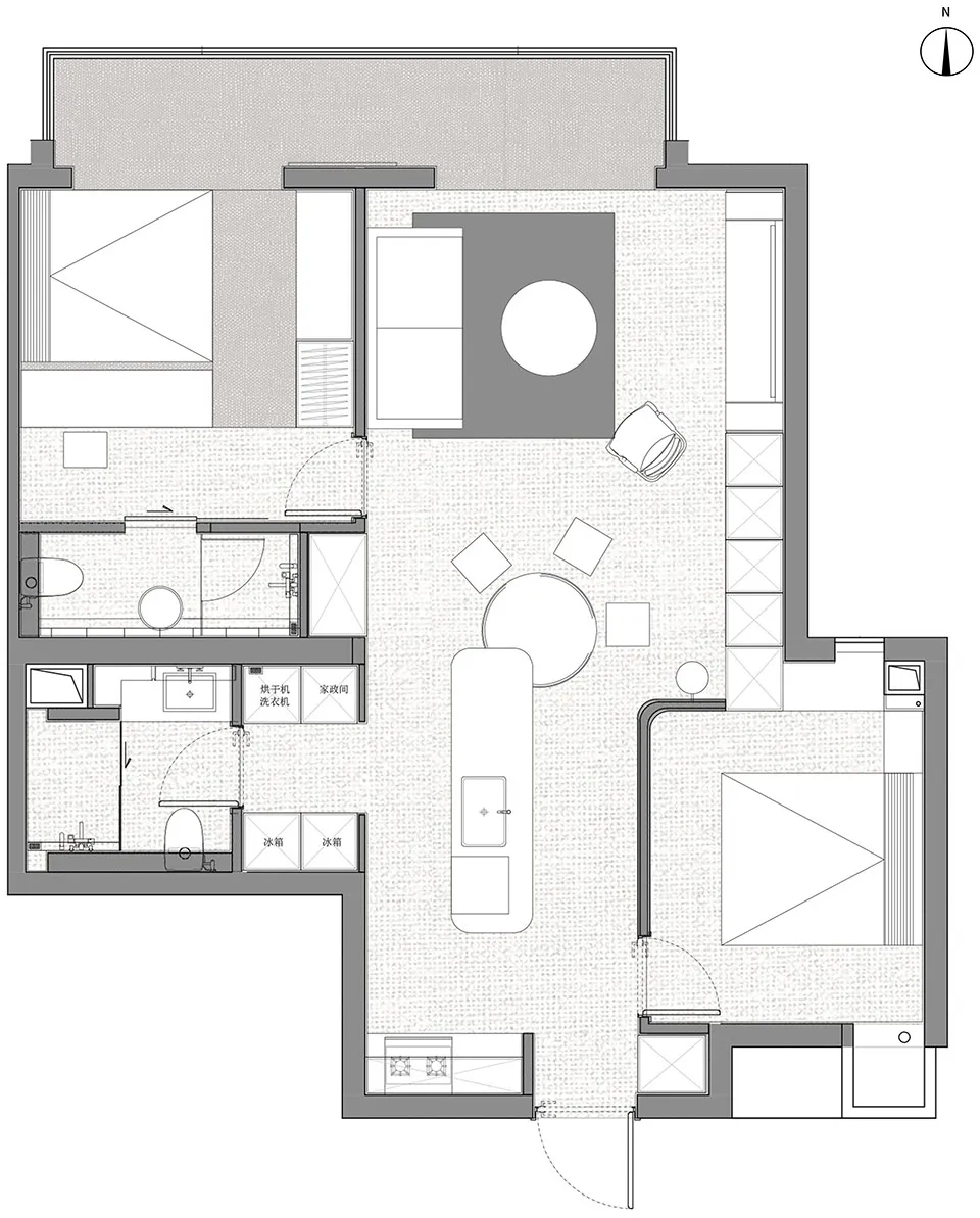 A detailed 2D technical drawing of a modern apartment layout with bedrooms, living space, and kitchen.