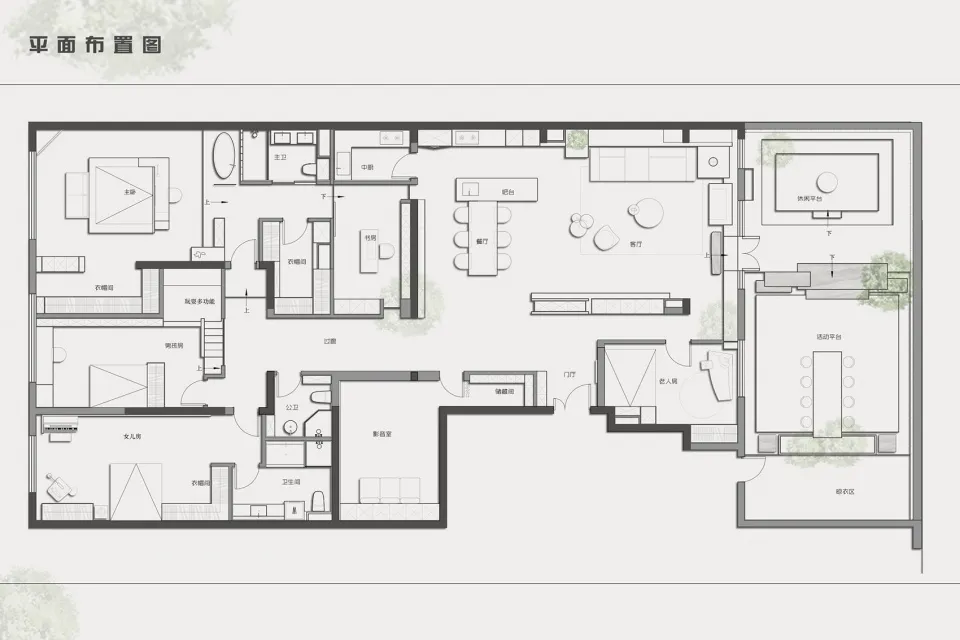 This is a detailed architectural floor plan of a modern residential layout, featuring multiple rooms and functional areas.