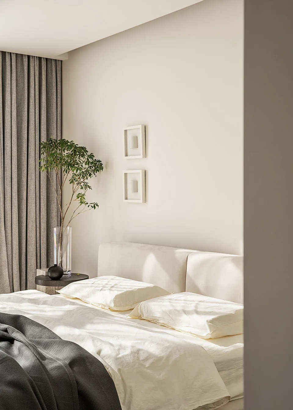 Modern minimalist bedroom with textured beige walls and white bedding, showcasing contemporary design elements.