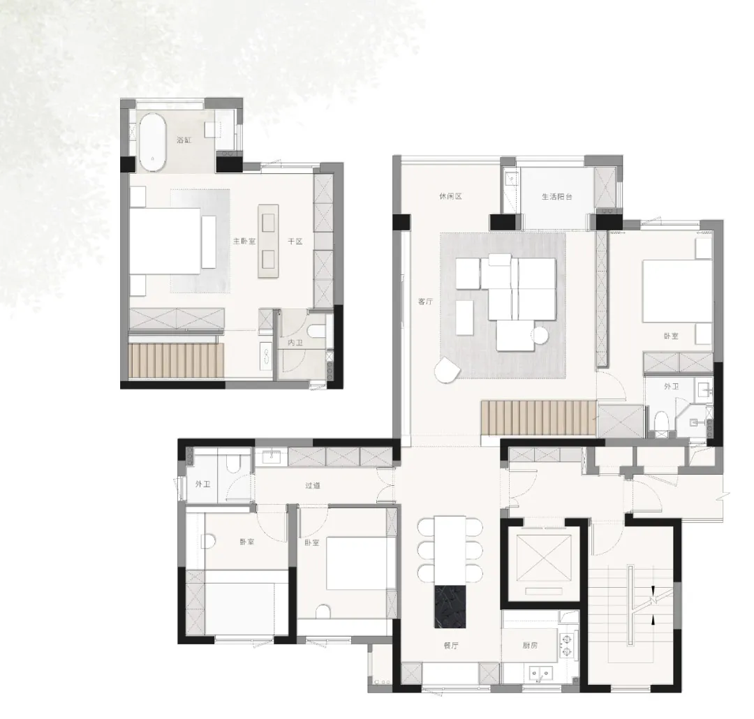 Floor plan of a modern residential home showing various rooms and layout.