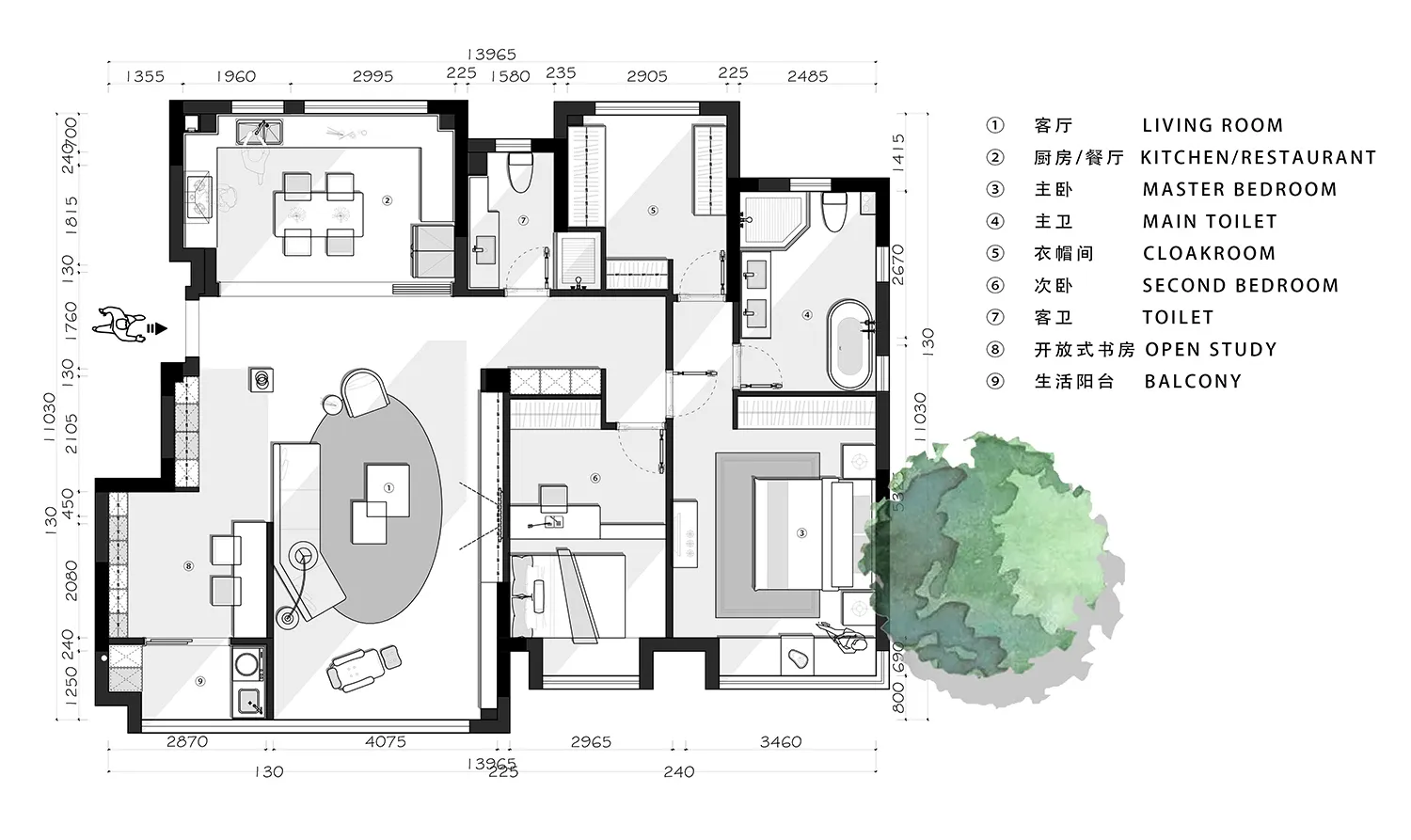 詳細的2D建築平面圖,標註房間與尺寸。