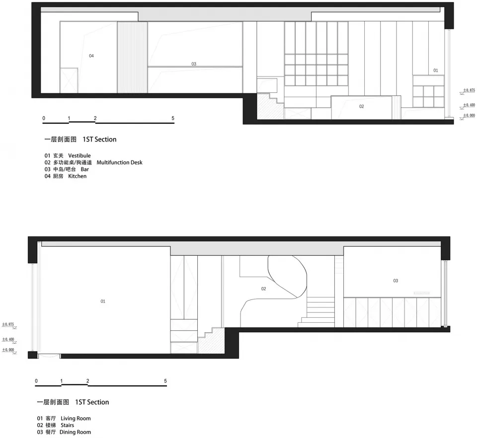 A detailed architectural floor plan of a modern interior space with minimalist design elements in white and neutral tones.