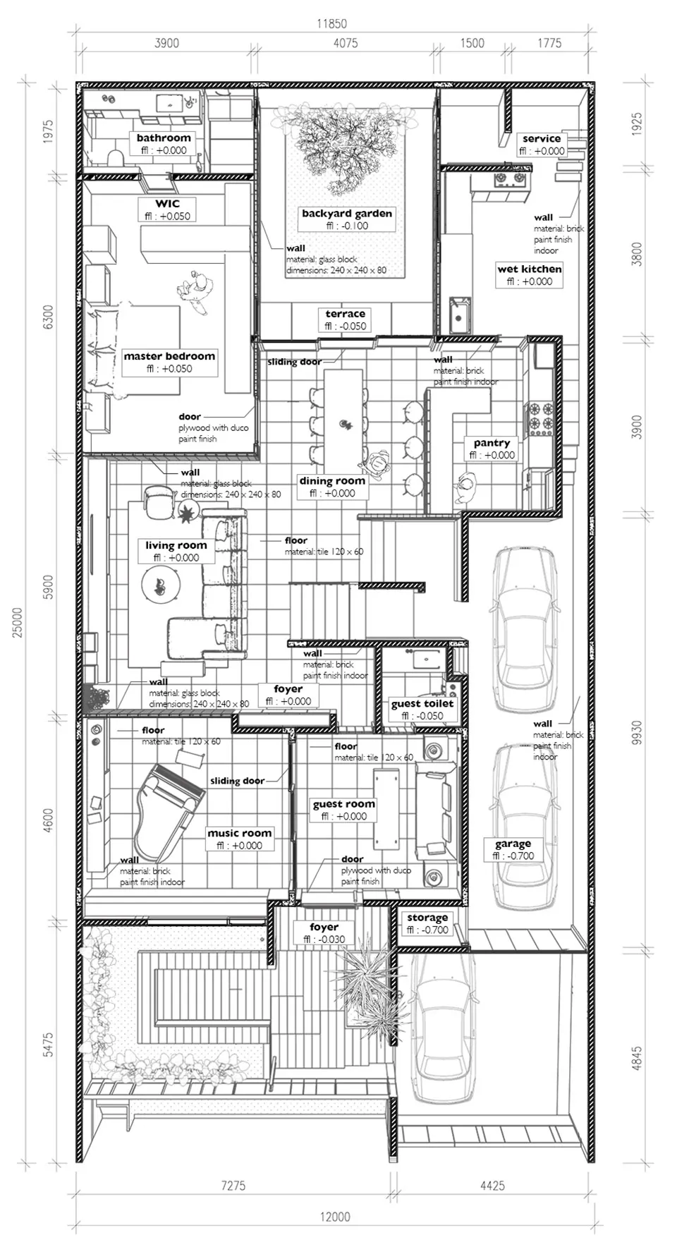 Floor plan with tile, brick, and glass block materials in a two-dimensional architectural design