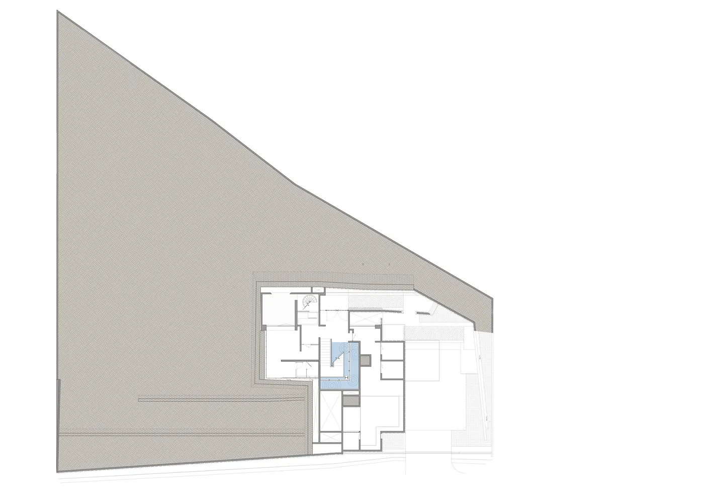 A detailed architectural floor plan of a residential building with labeled rooms and space usage.