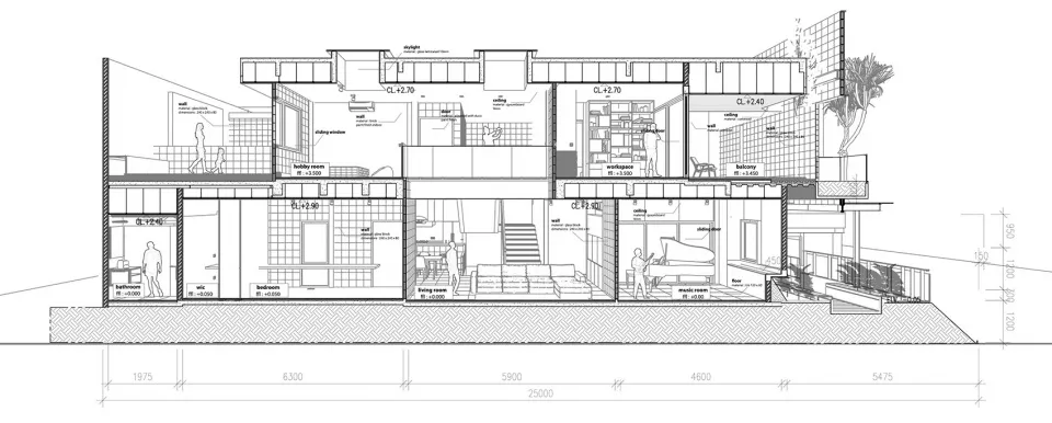 Modern house cross-sectional architectural plan featuring residential zones such as bedrooms, living room, and kitchen.