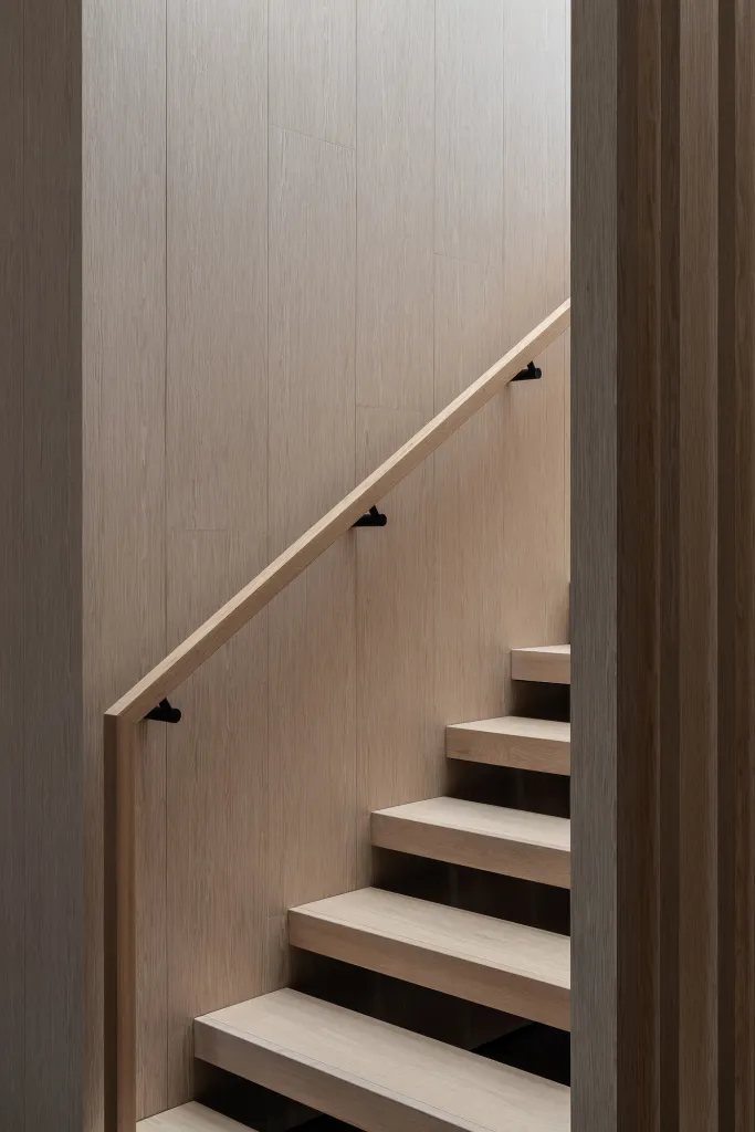 Modern wooden staircase with minimalist design, featuring natural wood texture and sleek, unadorned steps.