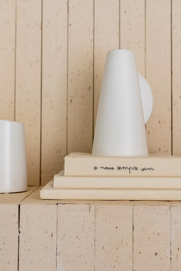 A minimalist ceramic vase sits atop a stack of books on a wooden shelf.