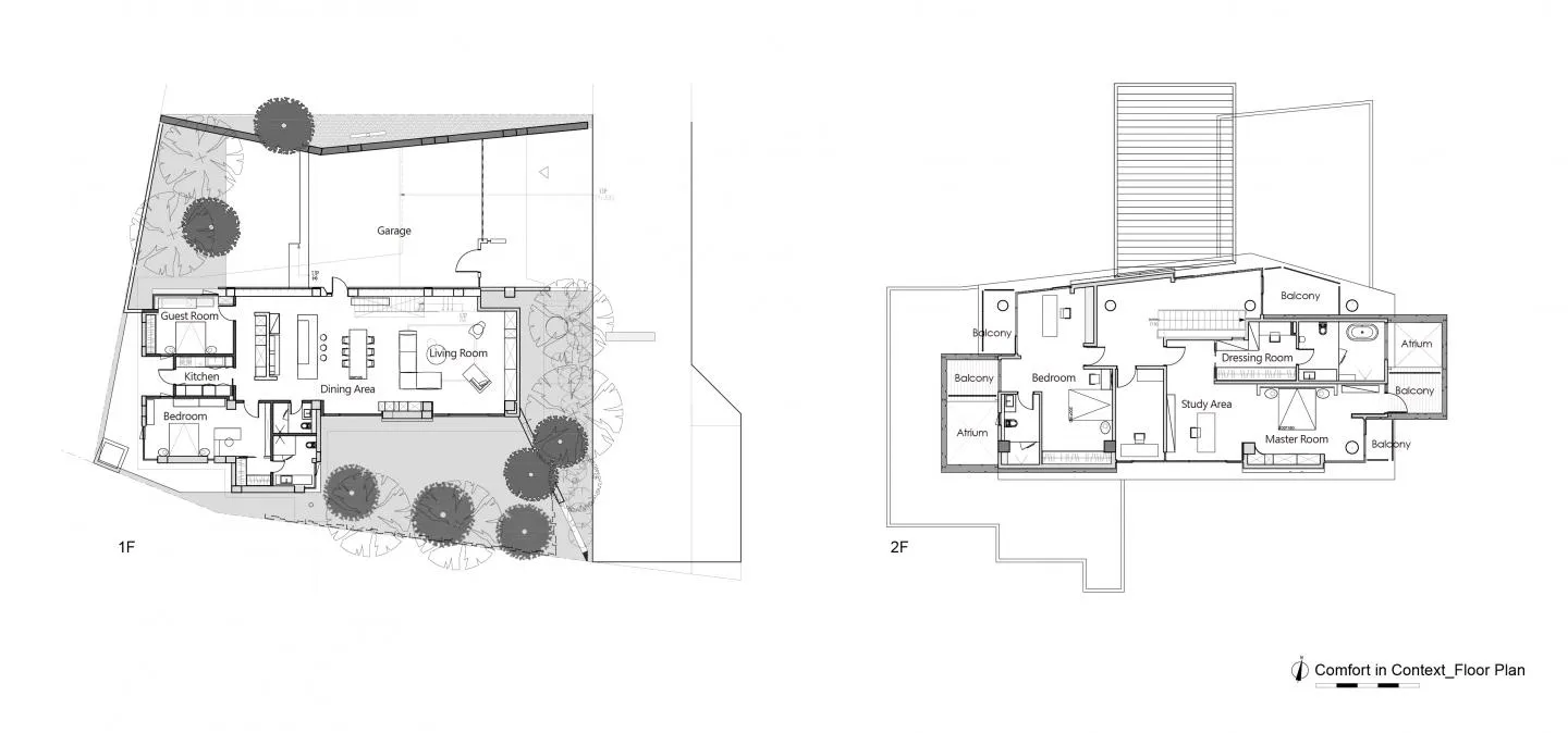 A detailed architectural floor plan depicting the layout of a modern residential interior, showcasing open-plan living spaces
