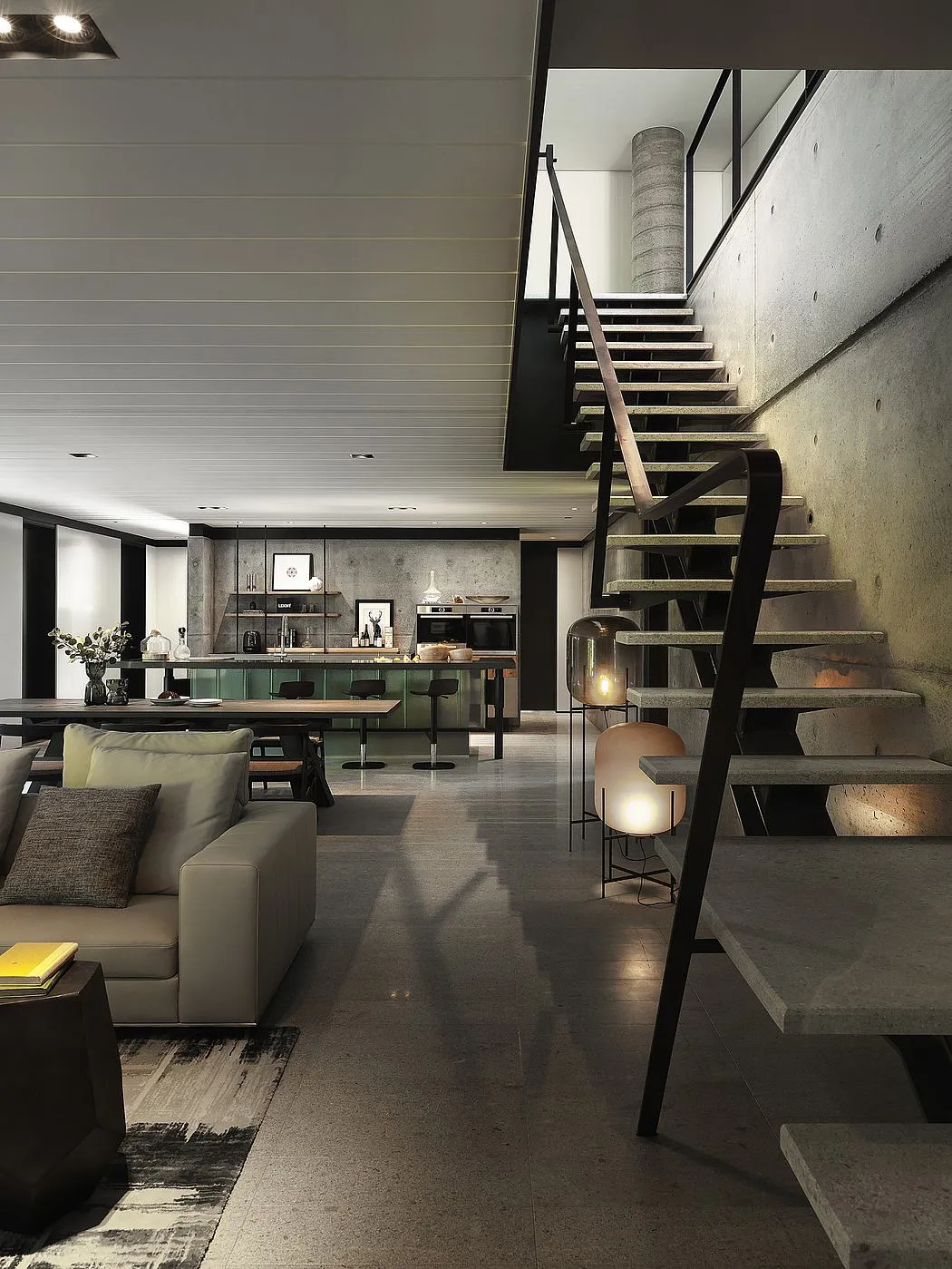 Modern interior design featuring a living and dining space with concrete and metal elements.