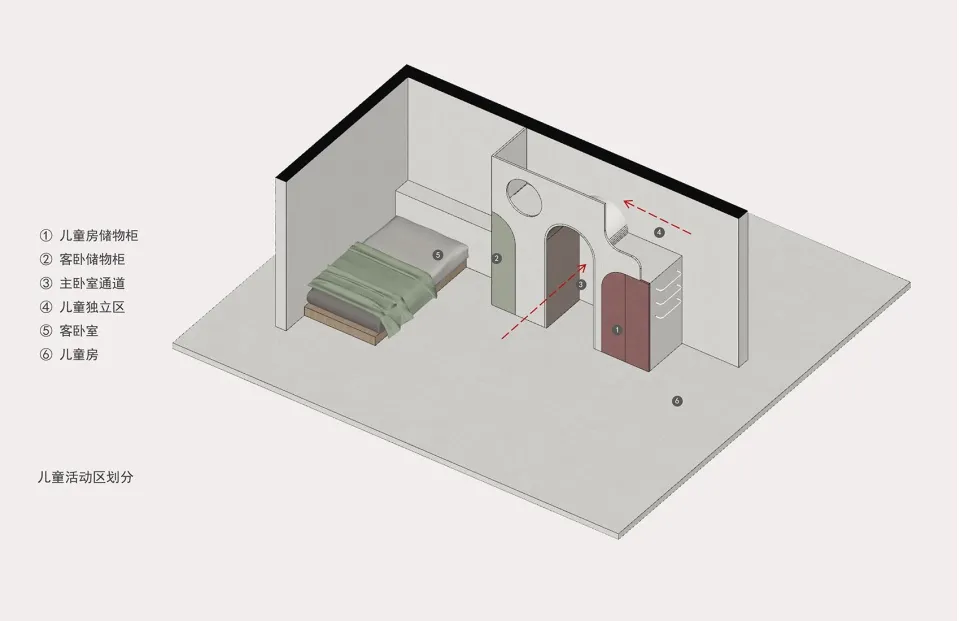 Isometric view of a house floor plan featuring beds and storage areas.