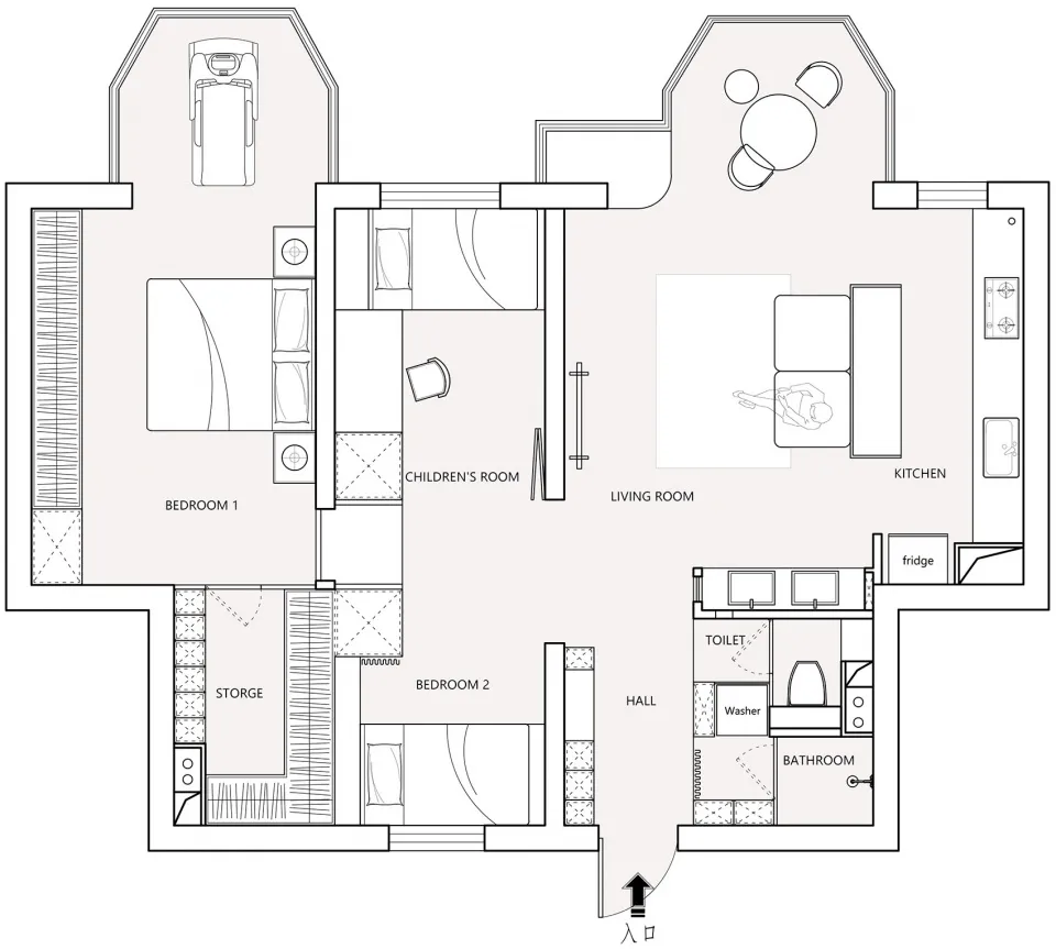 Modern interior design floor plan with white walls and light-colored furniture
