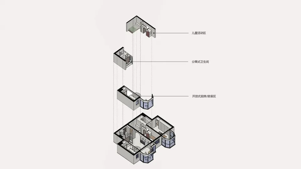 現代住宅平面圖的3D透視圖，突顯兒童活動區、廚房/早餐區的配置