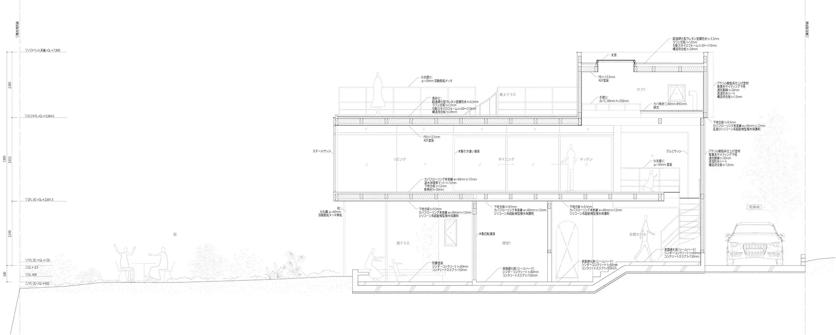 現代住宅平面圖的詳細2D建築圖，展示鋼樑、玻璃牆與混凝土結構