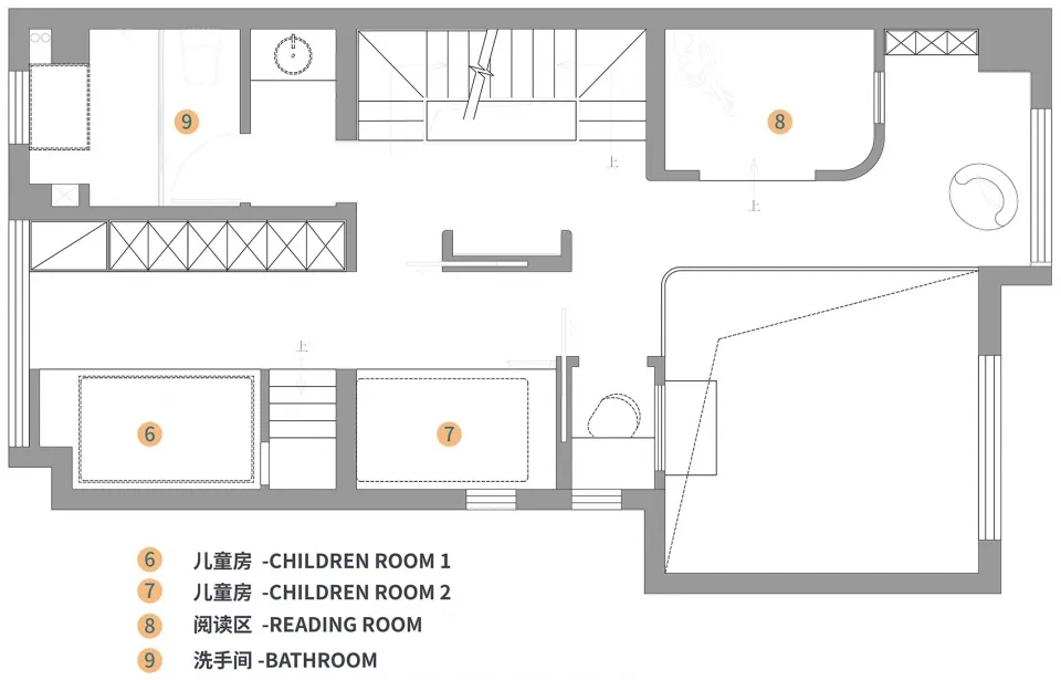 Floor plan layout of a children's room featuring storage, beds, and play areas.