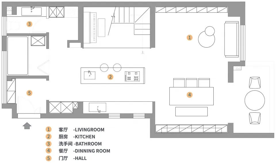 Modern apartment layout featuring a neutral color palette, featuring living room, kitchen, bathroom, dining room, and entry h
