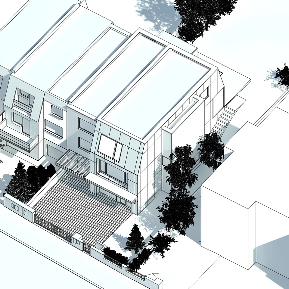 A futuristic modern house with a glass rooftop and rooftop skylights.