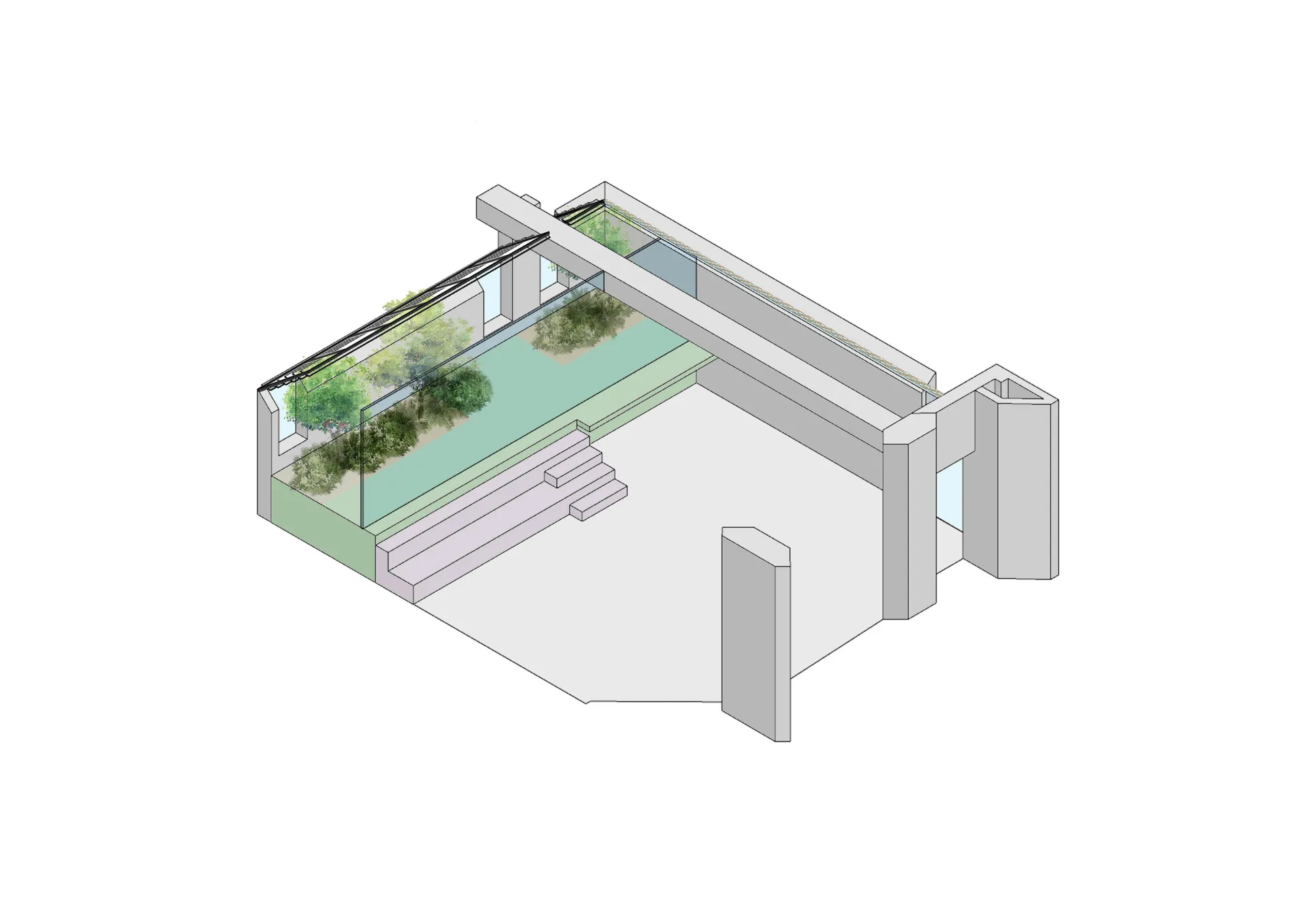 現代屋頂露台的3D渲染,混凝土地板與周圍綠意環繞。